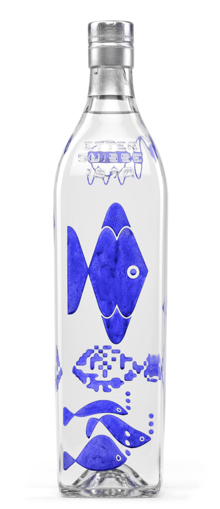 Eleven blue fish, created for the city of Zug, on a bottle of cherry liquor.